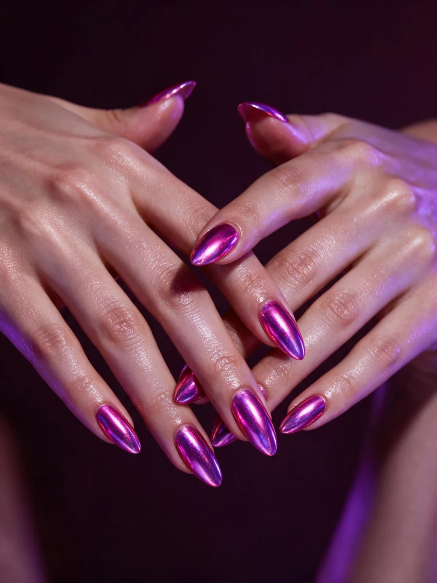 Glossy chrome almond nails in shifting magenta and violet tones