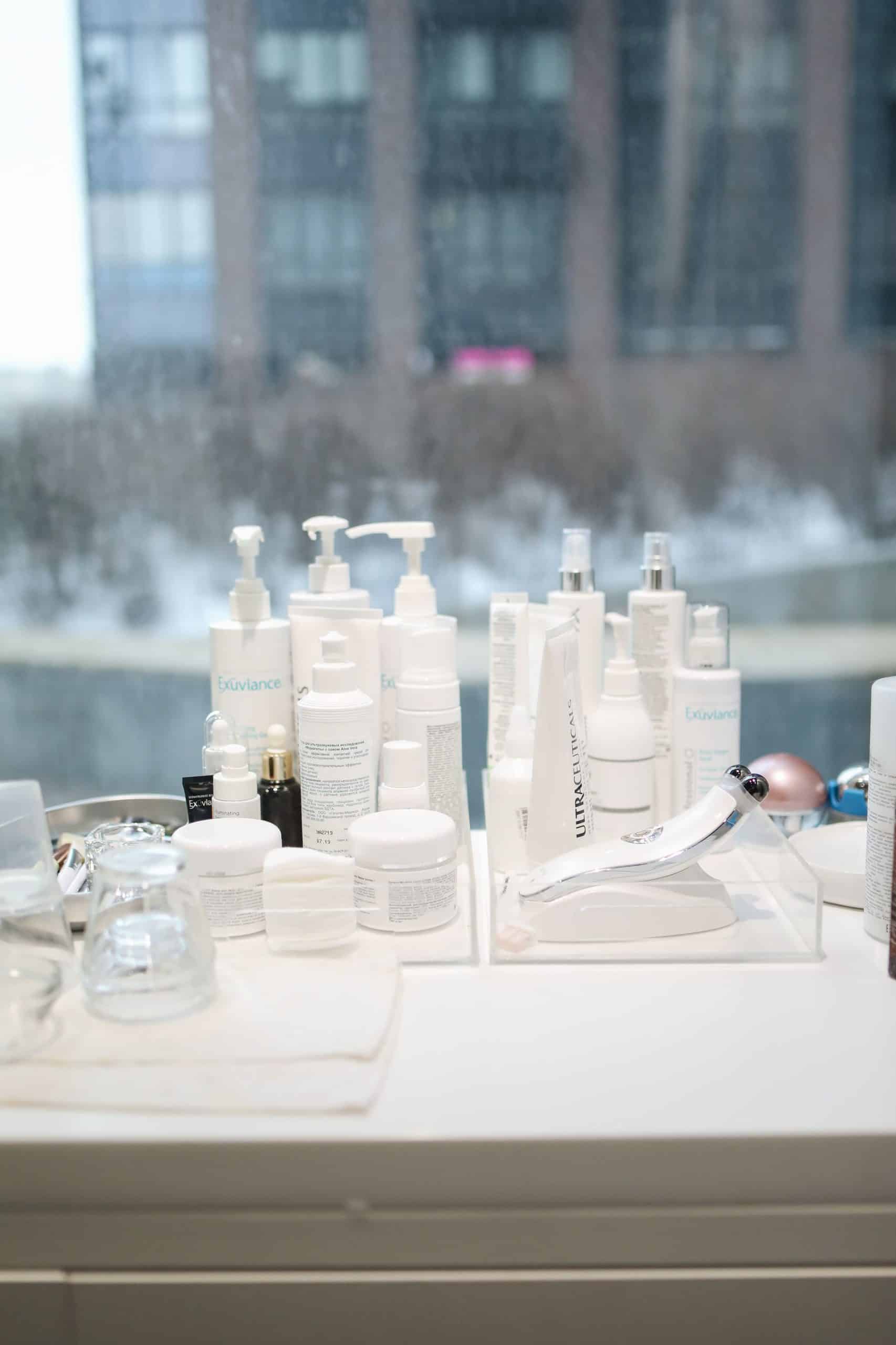 Professional beauty and nail products displayed on a salon shelf