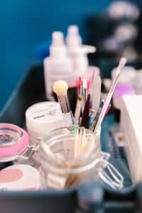 Flat lay of nail salon tools and gel nail kit essentials
