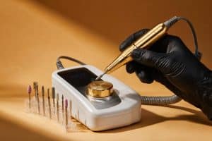 Professional electric nail drill with gold handpiece and assorted drill bits on a warm amber background