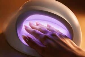 Hand with glossy almond nails curing under the violet glow of a UV LED nail lamp